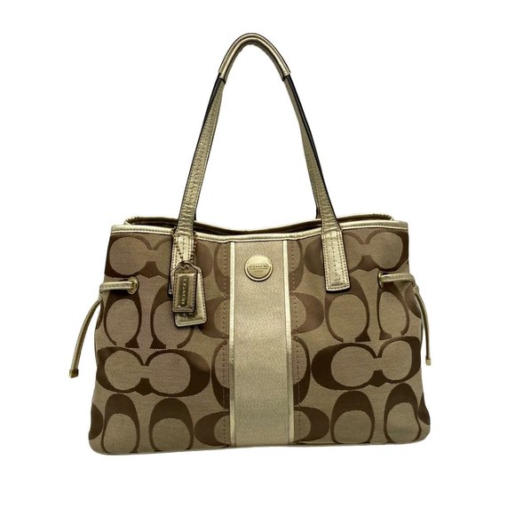 Coach Signature Stripe Tan Canvas Carryall Bag F21949 - Picture 1 of 12